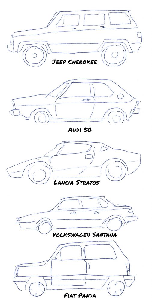 Trends im Automobildesign: Das Box-Design formte unter anderem den Jeep Cherokee, den AUDI 50 oder den Lancia Stratos. Die Hochform des Box-Design ist im Volkswagen Santana und Fiat Panda festgehalten.